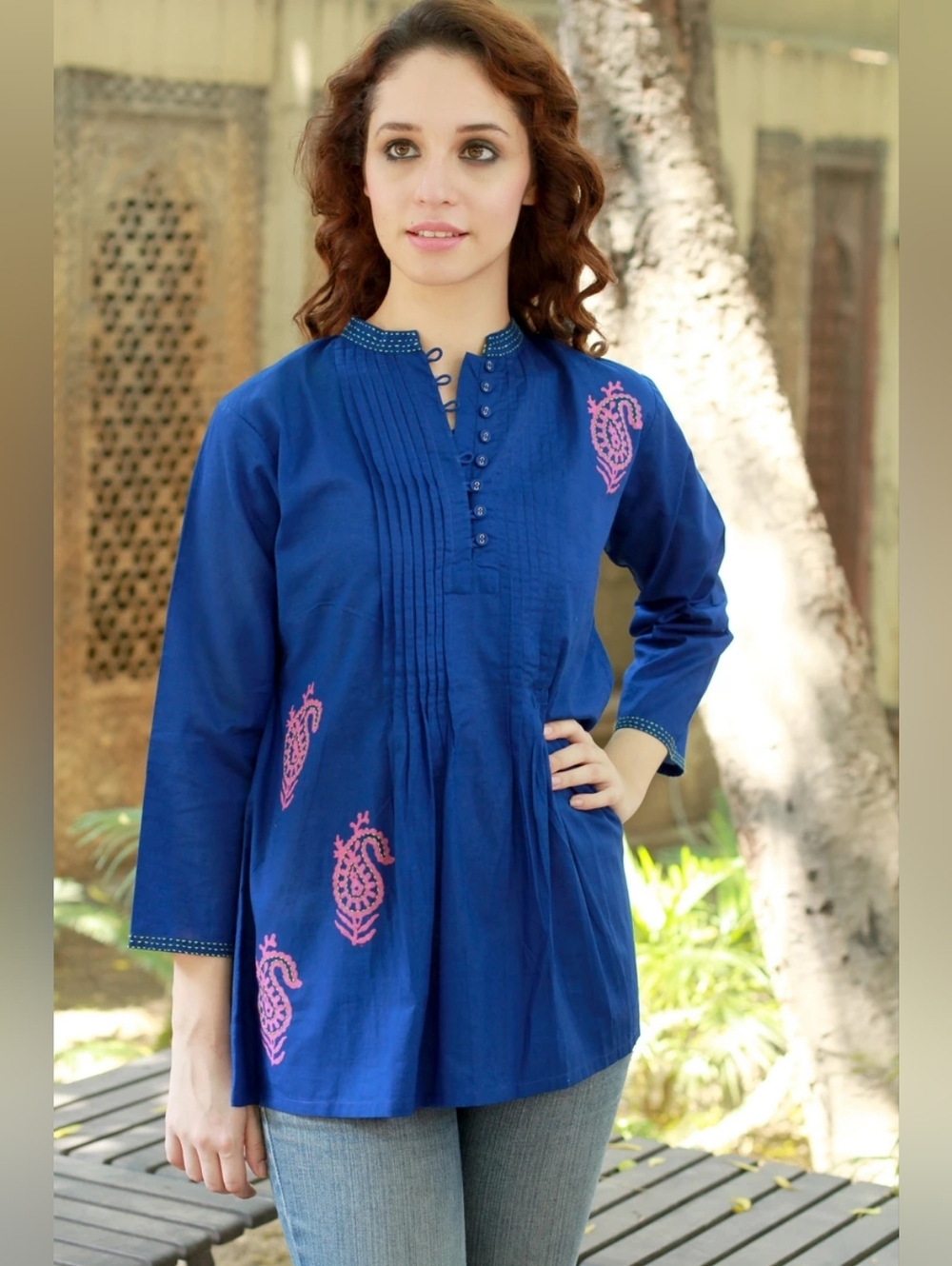 NEW Novica Bengali Blue 100% Cotton Paisley Embroidery Blouse Top Size XL
